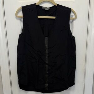 Vince 100% Silk Black Sleeveless V-Neck Blouse with Leather Detail